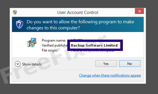 Screenshot where Backup Software Limited appears as the verified publisher in the UAC dialog